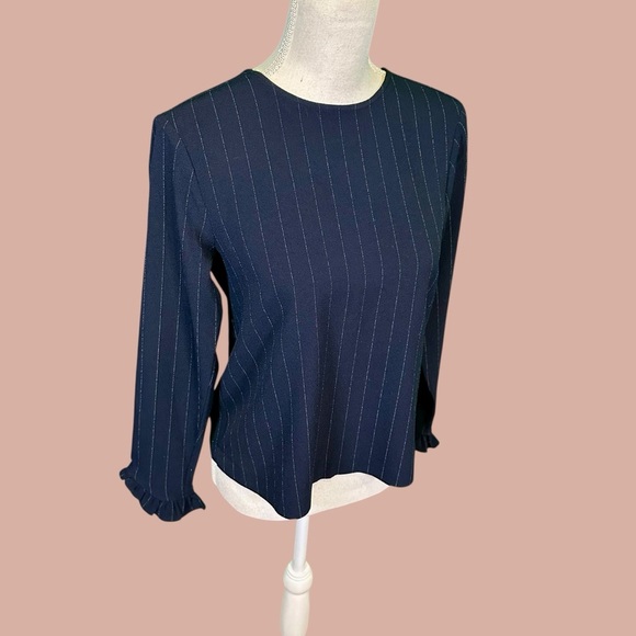 Ganni ‘Clark’ Pinstripe Ruffle Cuff Top in Navy Blue & White Size 34 = US Sz XS - Picture 14 of 16